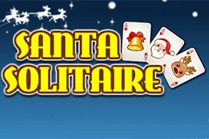 산타 썰매와 카드 그림이 있는 SANTA SOLITAIRE라는 노란색 글자가 있는 이미지