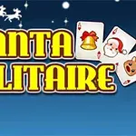 산타 썰매와 카드 그림이 있는 SANTA SOLITAIRE라는 노란색 글자가 있는 이미지