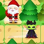 산타클로스와 빨간 뿔이 달린 녹색 얼굴의 캐릭터가 나무와 선물 상자 옆에 서 있는 이미지