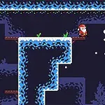 산타 복장을 한 캐릭터가 눈 덮인 플랫폼 위에 서 있으며, 오른쪽에는 Santas Secret Gift라는 텍스트가 적혀 있다