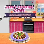 만화 스타일의 주방에서 요리사가 테이블 위에 있는 요리를 배경으로 엄지손가락을 들어올리고 있는 모습