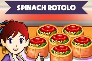 캐릭터가 엄지손가락을 치켜세우고 있고, SPINACH ROTOLO라는 글자 아래 시금치 로톨로 요리가 놓여 있다