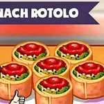 캐릭터가 엄지손가락을 치켜세우고 있고, SPINACH ROTOLO라는 글자 아래 시금치 로톨로 요리가 놓여 있다