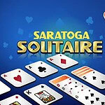 파란 배경 위에 여러 장의 트럼프 카드가 펼쳐져 있으며, 하트와 스페이드 기호가 주변에 있는 모습