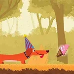 숲속에서 파티 모자를 쓴 작은 갈색 개가 분홍색 아이스크림콘을 바라보고 있다