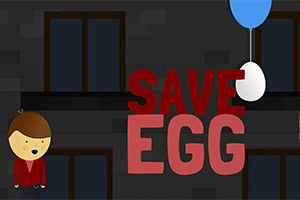 파란 풍선에 매달린 달걀과 함께 SAVE EGG라는 텍스트가 있는 어두운 벽 배경의 그림