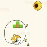 귀여운 강아지가 원 안에 갇혀 있고, 벌들이 주변을 날아다니며, 벌집이 가까이에 있는 이미지