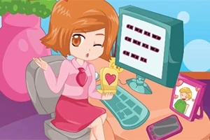 만화 스타일의 소녀가 컴퓨터 앞에 앉아 손에 하트 장식이 있는 황금 트로피를 들고 있는 장면