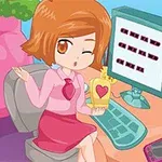 만화 스타일의 소녀가 컴퓨터 앞에 앉아 손에 하트 장식이 있는 황금 트로피를 들고 있는 장면