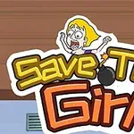 만화 스타일의 공포에 질린 소녀와 폭탄 아이콘이 함께 있는 Save The Girl 텍스트