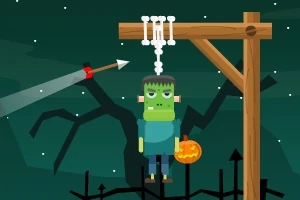 초록 얼굴의 프랑켄슈타인이 단두대에 매달려 있고, 활 화살이 그를 향하고 있는 어두운 배경의 만화 이미지