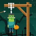 초록 얼굴의 프랑켄슈타인이 단두대에 매달려 있고, 활 화살이 그를 향하고 있는 어두운 배경의 만화 이미지