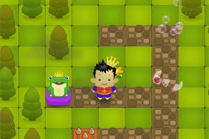 왕관을 쓴 아이가 개구리와 함께 격자무늬 숲 배경 속 길 위에 서 있는 모습