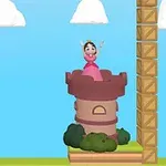 핑크 드레스를 입은 공주가 탑 위에 서 있고, 배경에는 푸른 하늘과 구름이 있는 장면