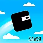 파란 하늘 배경에 검은 사각형이 구름 위로 날아오르고 있으며, 이미지 하단에는 SAWS!