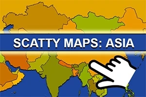 아시아 대륙의 지도 위에 SCATTY MAPS: ASIA라는 문구가 중앙에 위치하고 있으며, 큰 손 모양의 아이콘이 오른쪽에 배치된 이미지