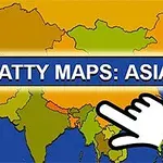 아시아 대륙의 지도 위에 SCATTY MAPS: ASIA라는 문구가 중앙에 위치하고 있으며, 큰 손 모양의 아이콘이 오른쪽에 배치된 이미지
