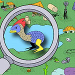 커다란 돋보기로 확대된 연못 속에 파란 비늘을 가진 새가 보이고, 주변에 다양한 색의 초목과 동물들이 흩어져 있다