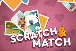 다양한 동물 이미지와 SCRATCH & MATCH라는 텍스트가 있는 핑크색 배경
