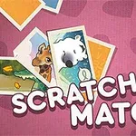 다양한 동물 이미지와 SCRATCH & MATCH라는 텍스트가 있는 핑크색 배경