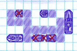 격자무늬 배경에 파란색으로 그린 다양한 모양의 배들이 빨간색 X 표와 함께 배치되어 있습니다