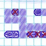 격자무늬 배경에 파란색으로 그린 다양한 모양의 배들이 빨간색 X 표와 함께 배치되어 있습니다