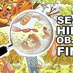 큰 돋보기를 들고 숲에서 무언가를 찾고 있는 남자와 나무에 숨어 있는 다양한 동물들