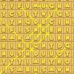 노란색 배경에 알파벳 글자가 빽빽하게 배열되어 있으며, 중앙에는 삼각형 아이콘과 노란색 선이 교차하고 있습니다