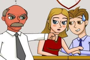 화가 난 대머리 남성이 한 쌍의 젊은 남녀를 가리키며 여성은 당황한 표정을 짓고 남성은 땀을 흘리는 모습