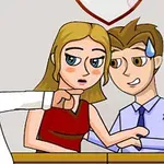 화가 난 대머리 남성이 한 쌍의 젊은 남녀를 가리키며 여성은 당황한 표정을 짓고 남성은 땀을 흘리는 모습