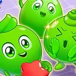 세 개의 초록색 귀여운 젤리 캐릭터들이 행복하게 웃고 있는 모습