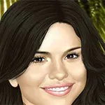 긴 머리를 가진 여성의 초상화가 야자수 배경과 함께 그려져 있습니다