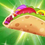 녹색 배경에 야채와 재료로 가득 찬 만화 스타일의 타코