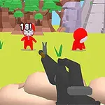 총을 겨누고 있는 1인칭 시점에서 빨간 옷을 입은 두 명의 캐릭터가 숲 속에 있는 장면입니다