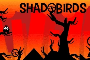 어두운 나무 실루엣과 빨간 하늘 배경에 SHADOBIRDS 텍스트가 있는 장면