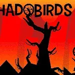 어두운 나무 실루엣과 빨간 하늘 배경에 SHADOBIRDS 텍스트가 있는 장면