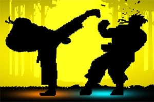 노란 배경 앞에 실루엣으로 나타난 두 사람이 격투 자세를 취하고 있다