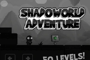 어두운 배경에 SHADOWORLD ADVENTURE라는 텍스트와 눈이 큰 캐릭터가 화살표 표지판 옆에 서 있는 장면