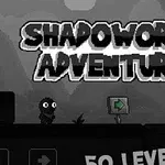 어두운 배경에 SHADOWORLD ADVENTURE라는 텍스트와 눈이 큰 캐릭터가 화살표 표지판 옆에 서 있는 장면