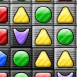 다양한 색상의 기하학적 모양들이 격자무늬에 배열된 이미지