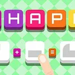 녹색 체크 무늬 배경 위에 SHAPE라는 글자가 있고, 규칙에 따라 도형을 조합하는 모습