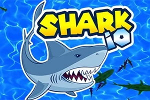 푸른 바다 배경에 만화 스타일의 상어와 노란색으로 SHARK라고 적힌 글자가 있습니다