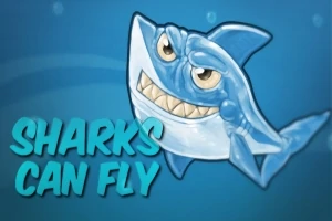 파란 배경에 날카로운 이빨을 드러낸 웃는 표정의 만화 상어와 SHARKS CAN FLY라는 문구가 있습니다