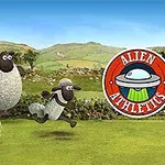 양 세 마리가 풀밭에서 짚 더미를 뛰어넘고 있으며, 오른쪽에 ALIEN ATHLETICS라고 적힌 로고가 있다