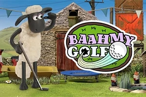 양이 골프채를 들고 있는 장면과 BAAHMY GOLF 로고가 있는 농장 배경