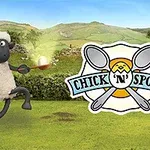 양 캐릭터가 풀밭에서 달걀을 숟가락에 담고 뛰고 있으며, 배경에 CHICK N SPOON 로고가 있는 풍경