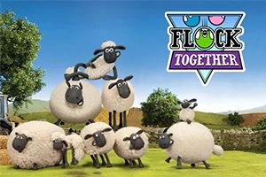 여러 마리의 양이 초원에 모여 있는 모습과 Flock Together 로고
