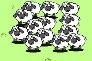 초록색 배경에 열두 마리의 만화 스타일 양들이 모여 있는 장면