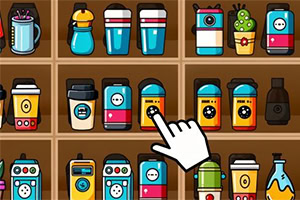 다양한 색상의 병, 텀블러, 사각형 상자들이 선반에 진열되어 있고, 하얀 손 모양 아이콘이 그 중 하나를 가리키고 있습니다