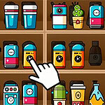 다양한 색상의 병, 텀블러, 사각형 상자들이 선반에 진열되어 있고, 하얀 손 모양 아이콘이 그 중 하나를 가리키고 있습니다